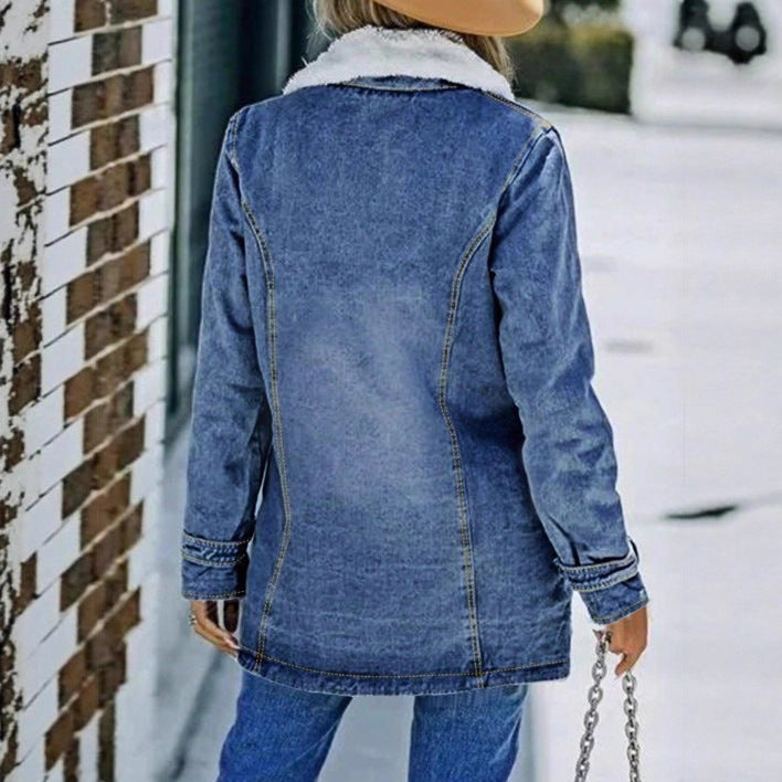 Women's Oversized Denim Jacket with Teddy Lining, Button Placket and Patch Pockets Chichicherry