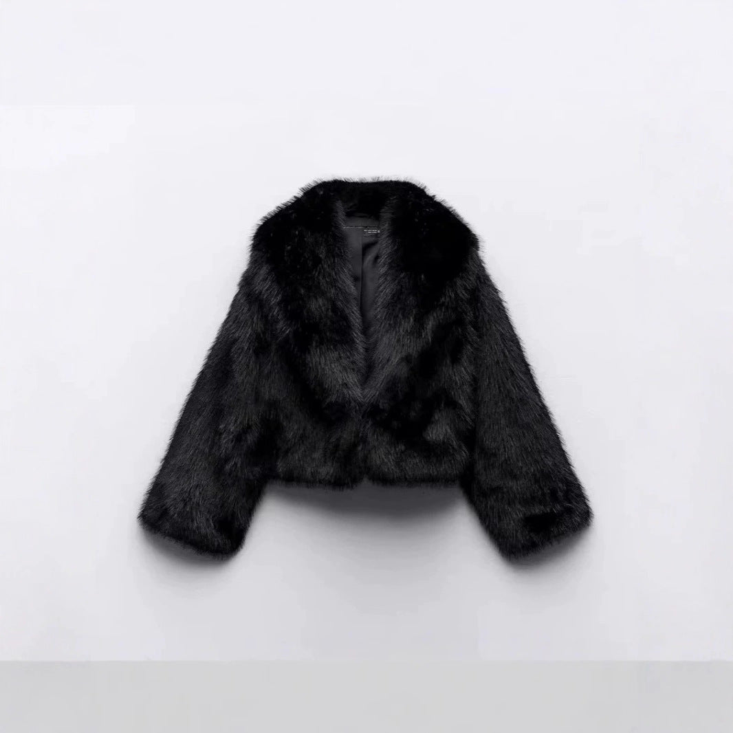 Women Short Cropped Faux Fur Blouson with Voluminous Shawl Collar and Soft Inner Lining Chichicherry