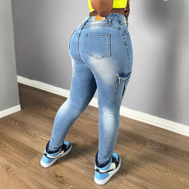 Women's High-waisted stretchy Cargo Skinny Jeans with drawstring waistband Chichicherry