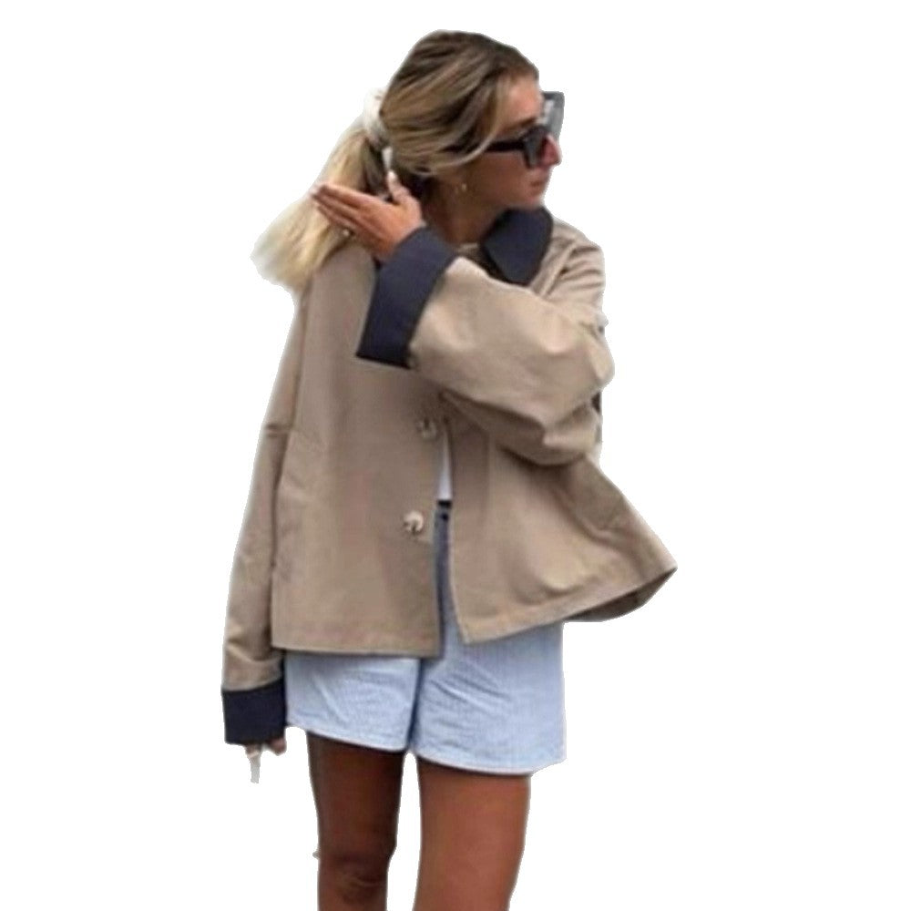 Women's Boxy Transitional Jacket with Contrast Collar, Concealed Button Placket, and Extended Sleeves Chichicherry