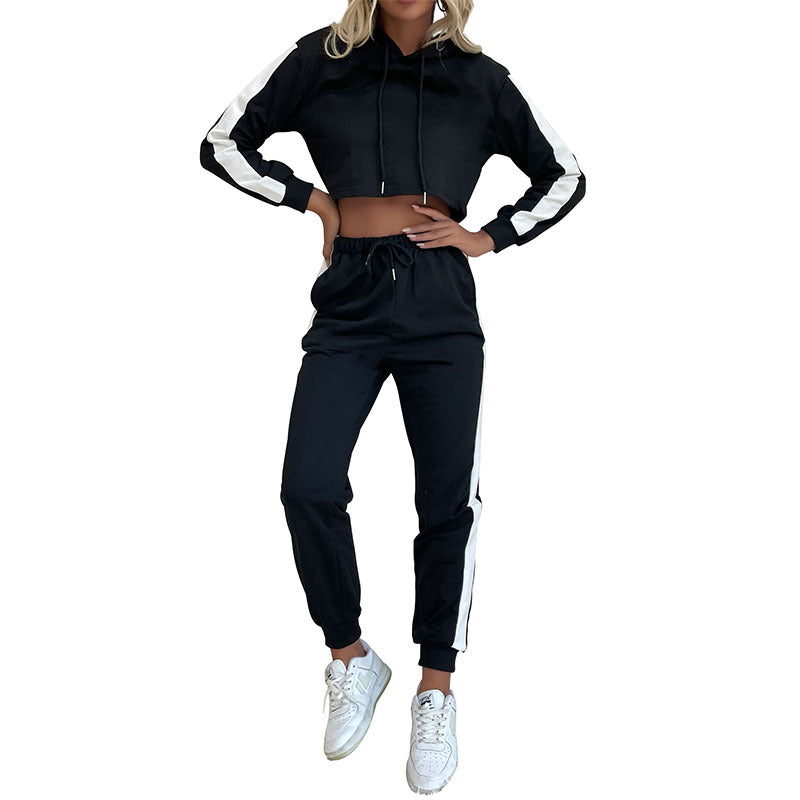 Women's Cropped Hoodie and High-Waist Jogging Pants Set with Sporty Side Stripes Chichicherry