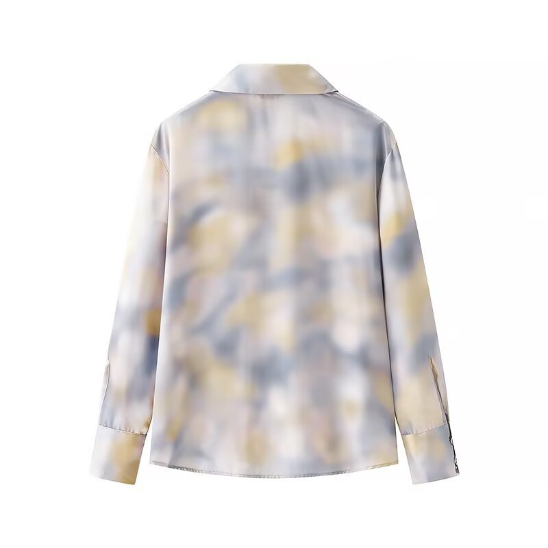 Women's Silky Two-Piece Blouse and Midi Skirt Set with A-Line Skirt and Abstract Watercolor Print Chichicherry