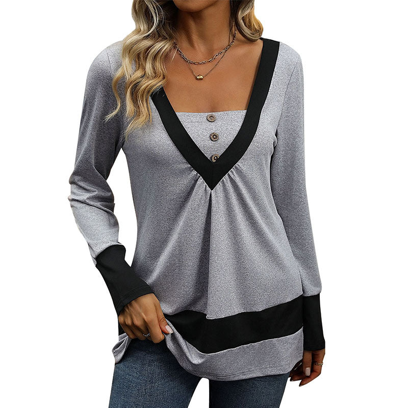 Women's long sleeve with deep V-neck, decorative button placket and contrast borders Chichicherry