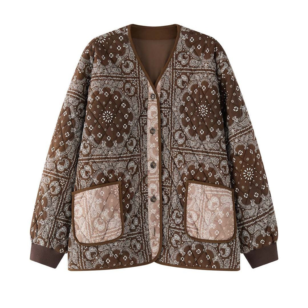 Women's quilted jacket with bandana print, oversized silhouette and patch pockets Chichicherry