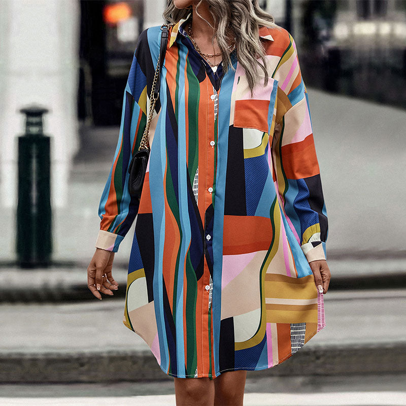Women's shirt dress with graphic block stripes, fitted belt & continuous button placket Chichicherry
