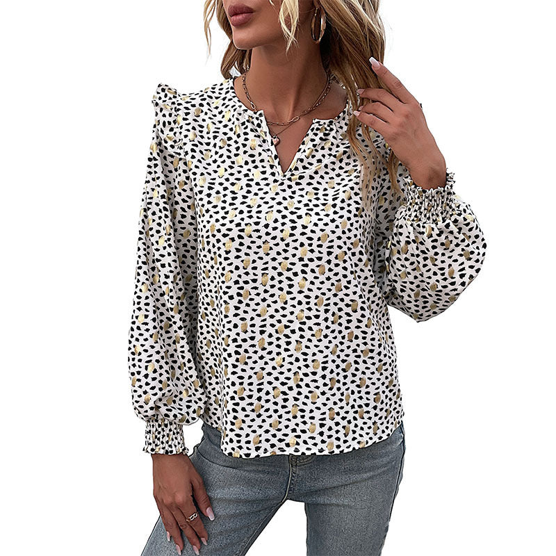 Women's Light Chiffon Blouse with Smocked Sleeve Cuffs, V-Neck and Fine Animal Print
