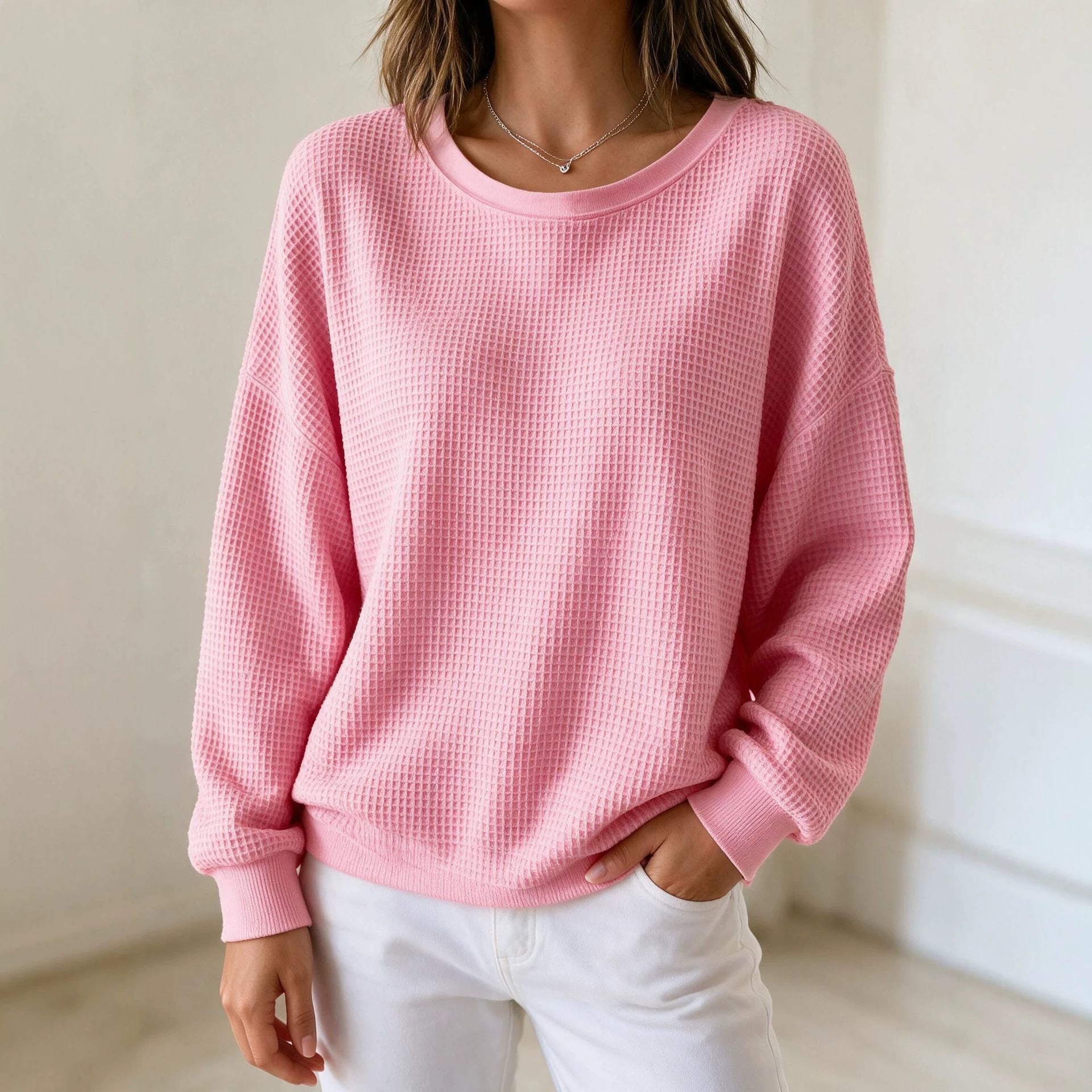 Damen Oversize Waffelstrick-Sweatshirt mit Rundhalsausschnitt Chichicherry