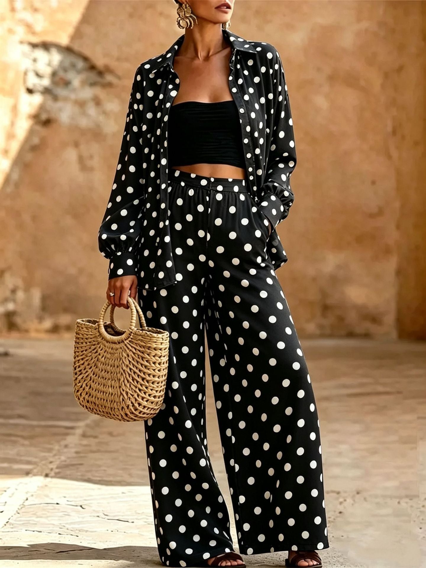 Women's Two-Piece Polka Dot Loungewear Set with Loose Shirt and Palazzo Pants Chichicherry