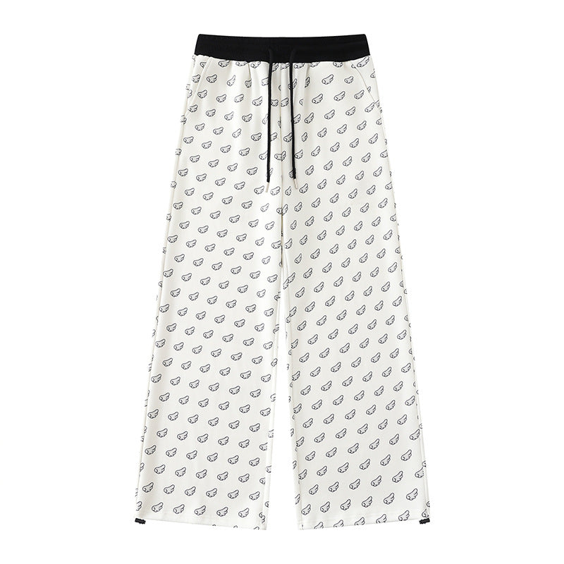 Women's Wide Palazzo Lounge Pants with Elastic Comfort Waistband, Drawstring and Allover Mini Icon Print Chichicherry