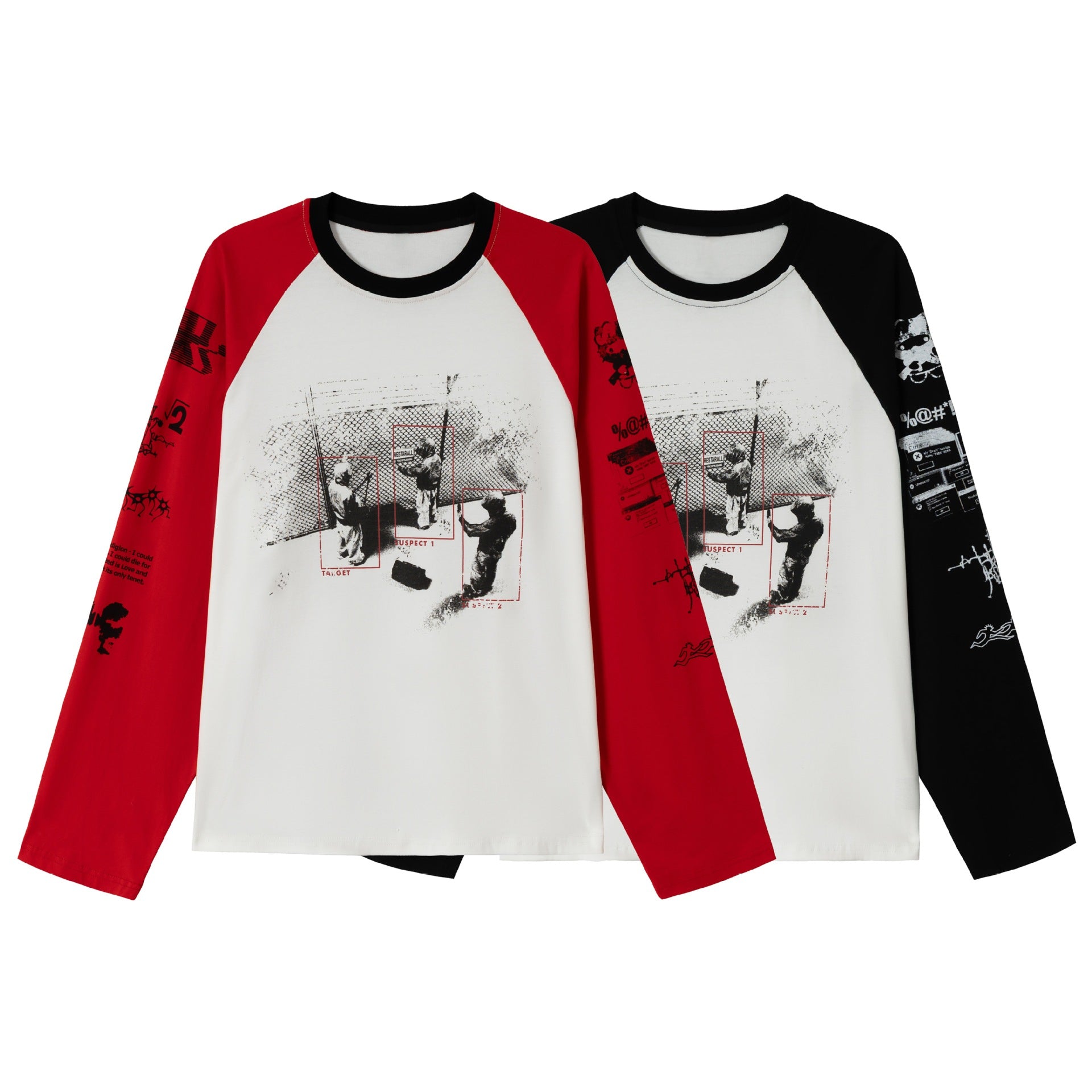 Unisex Long Sleeve Raglan Shirt with Graphic Print and Contrasting Crew Neck Chichicherry