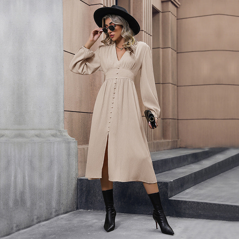 Women's midi dress with V-neck, pleated crinkle look, fitted yoke & central button placket Chichicherry