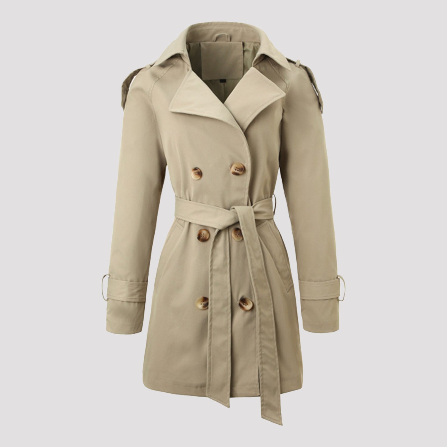 Women Tailored Trench Coat with Tied Belt, Shoulder Tabs and Metal Ring Details Chichicherry