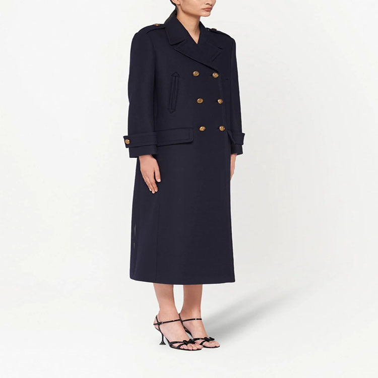 Women Double-breasted military-inspired Maxi Wool Coat with Epaulets and Decorative Straps Chichicherry