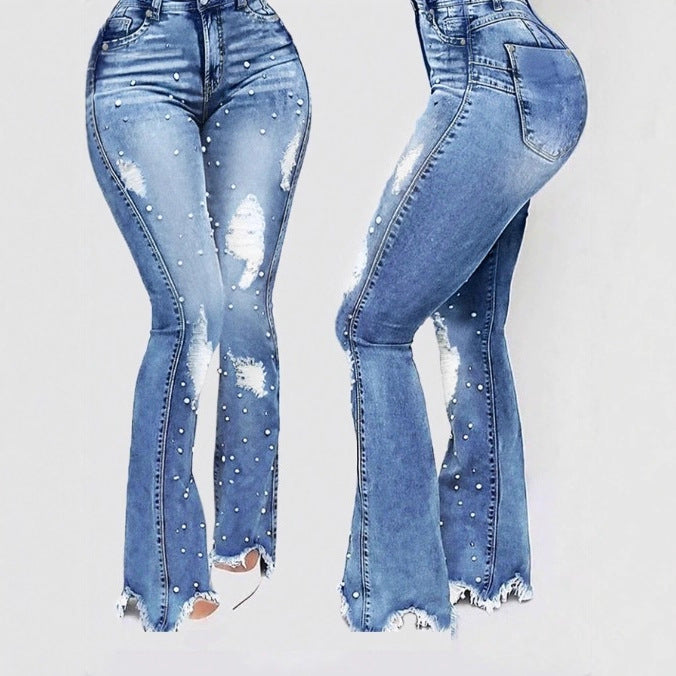 Ladies pearl-embellished high-waist flared jeans with destroyed details and raw hem Chichicherry