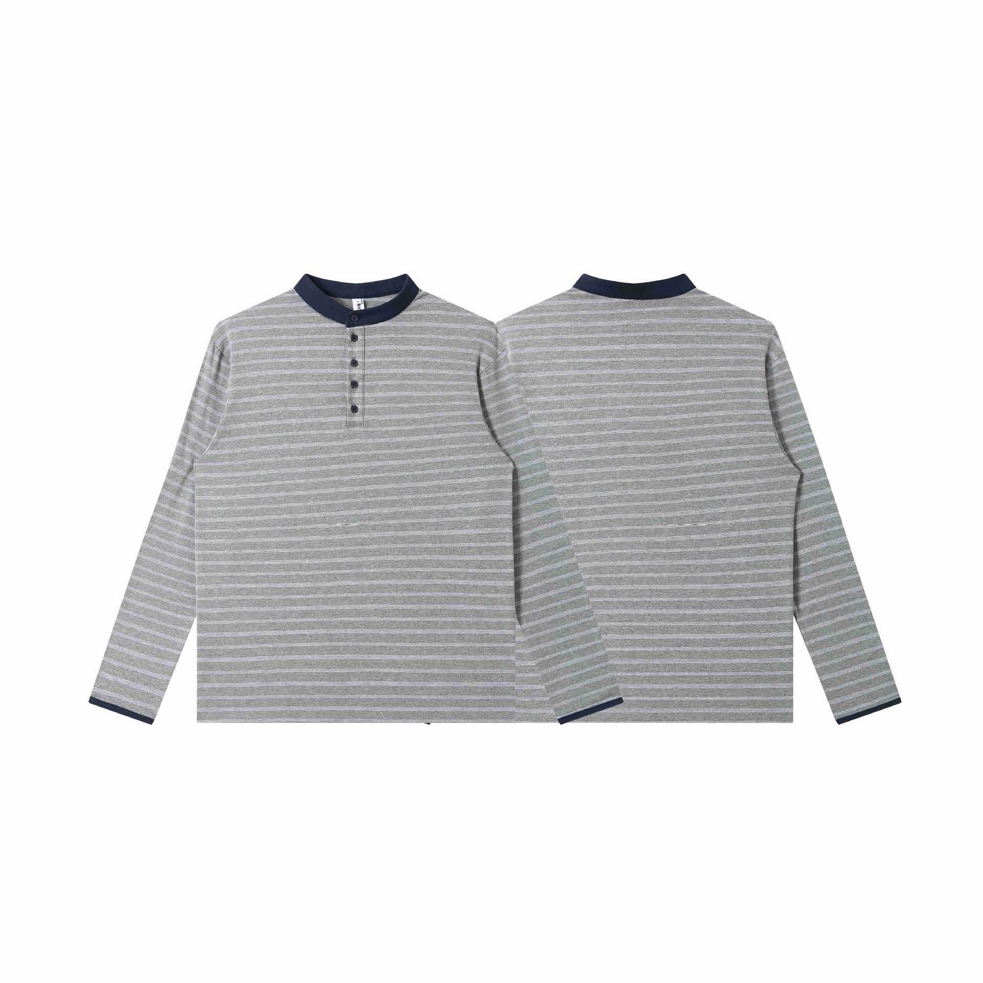 Men Striped Long Sleeve Henley Shirt with Stand Collar and Fine Striped Texture Chichicherry