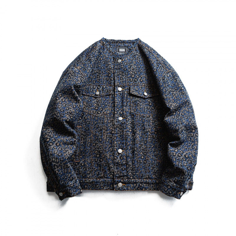 Men's Round Neck Denim Jacket in Boxy Cut with Contrast Stitching and Flap Pockets Chichicherry