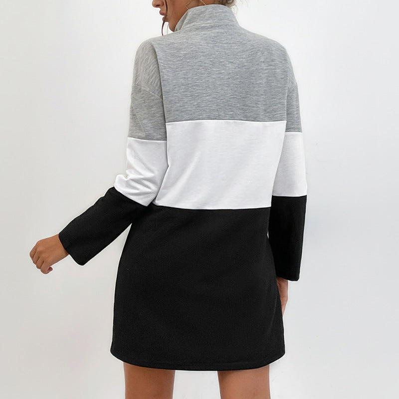 Women's Colorblock Short Sweat Dress with Stand Collar, Seams and Half Zipper Chichicherry