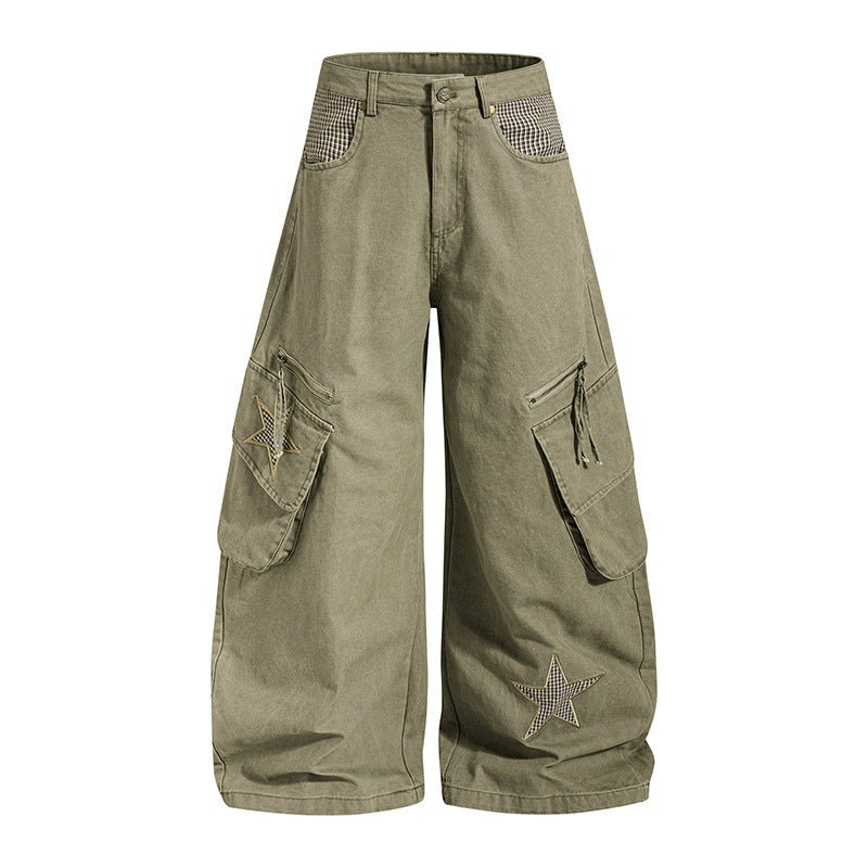 Women's wide cargo culotte pants with star appliqués and multi pockets Chichicherry