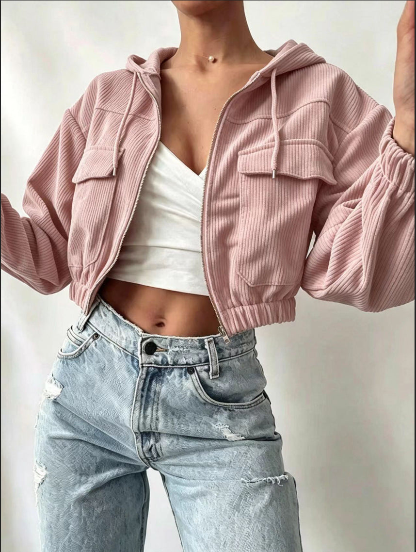 Women's cropped hoodie made of ribbed fabric with zipper and balloon sleeves Chichicherry