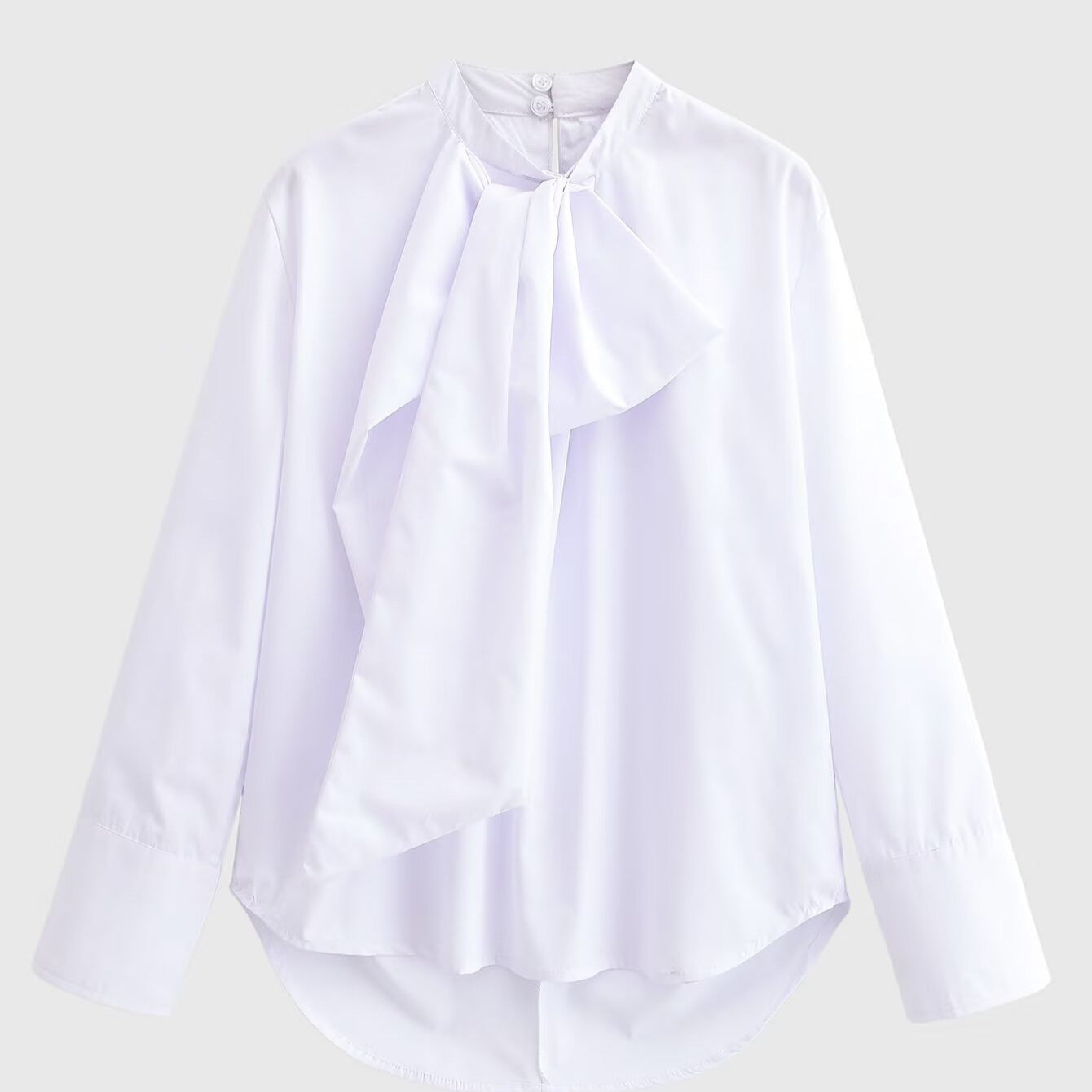 Women's Silky Bow Blouse with Decorative Scarf and Extended Back Hem Chichicherry