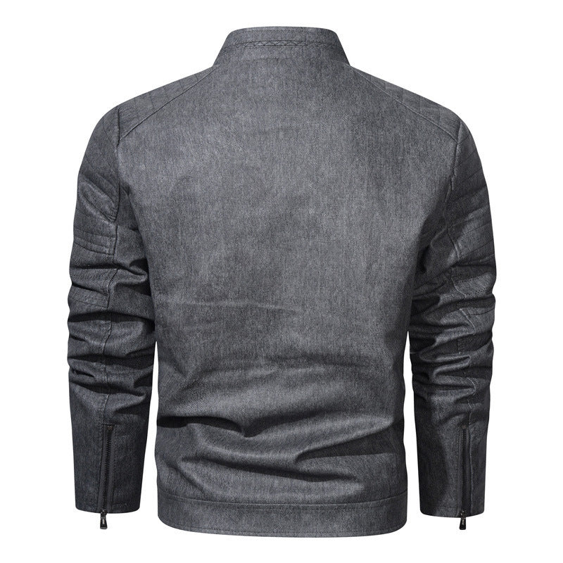 Men's Denim Look Bomber Jacket with Stand-up Collar, Quilted Shoulder Yoke and Zipper Chichicherry