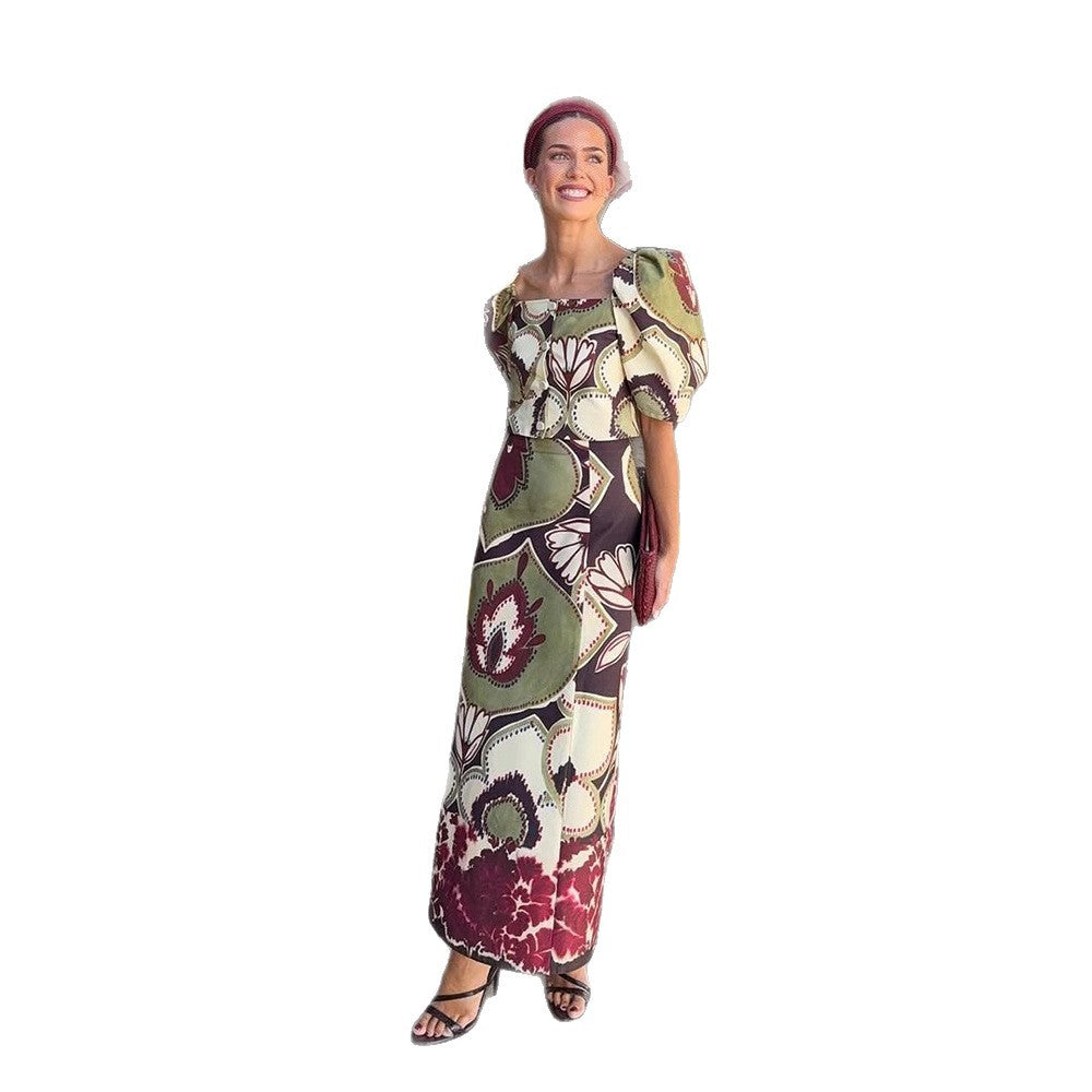 Women's Maxi Dress Set with Puff Sleeves, Tailored Midriff and Floral-Geometric Print Chichicherry