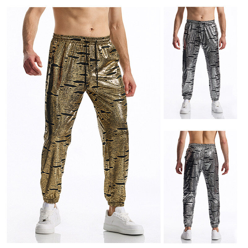 Men's Shiny Jogging Pants with Drawstring, Tapered Leg and Abstract Print Chichicherry
