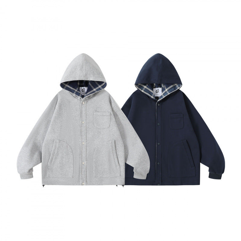 Unisex Oversize Hoodie with checkered lined hood and snap button placket Chichicherry