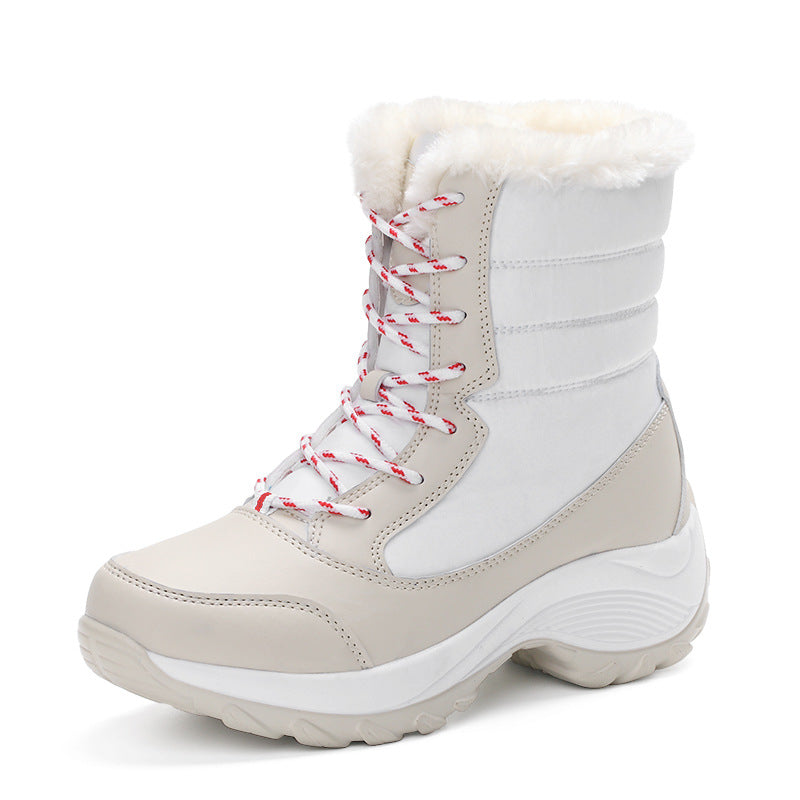 Women's water-repellent insulated winter lace-up ankle boots with faux fur collar and textured platform sole Chichicherry
