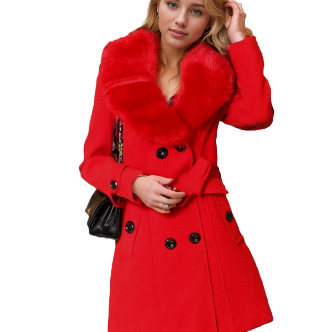 Women's midi double-breasted coat with full faux fur shawl collar and wrap belt Chichicherry