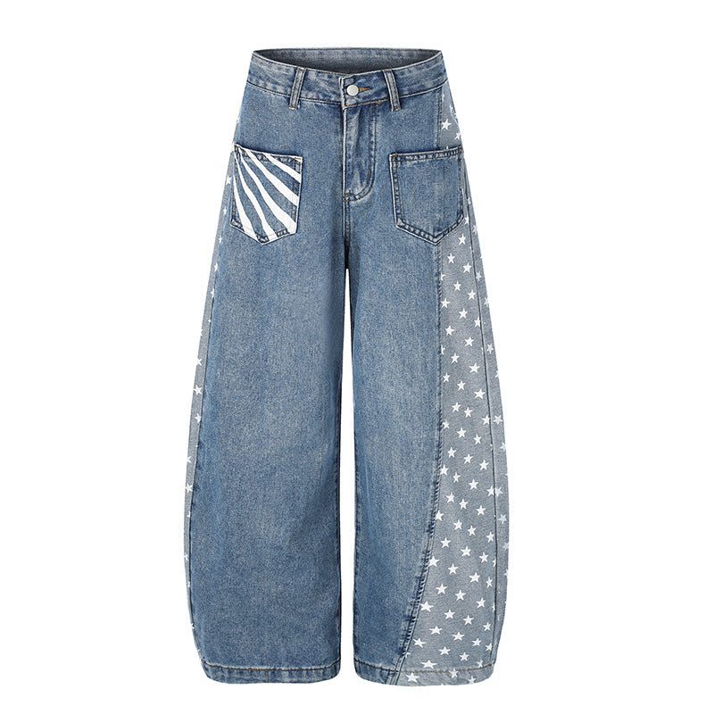 Women's Wide Denim Palazzo Pants with Contrast Sides, Star Print and Patch Pockets Chichicherry