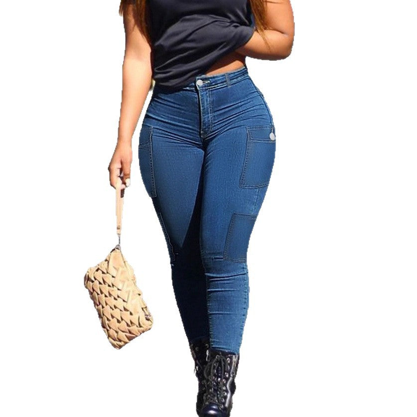 Women's High-Waisted Sculpting Skinny Jeans with Flat Cargo Pockets and Shaping Waistband Chichicherry