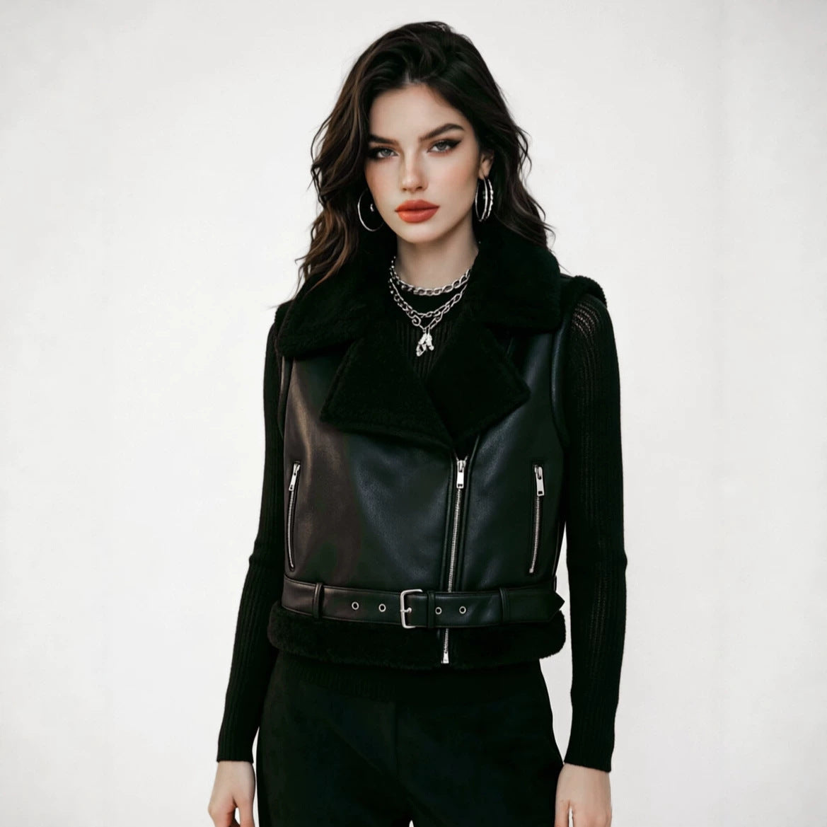 Women's leather vest with teddy lining and waist belt Chichicherry