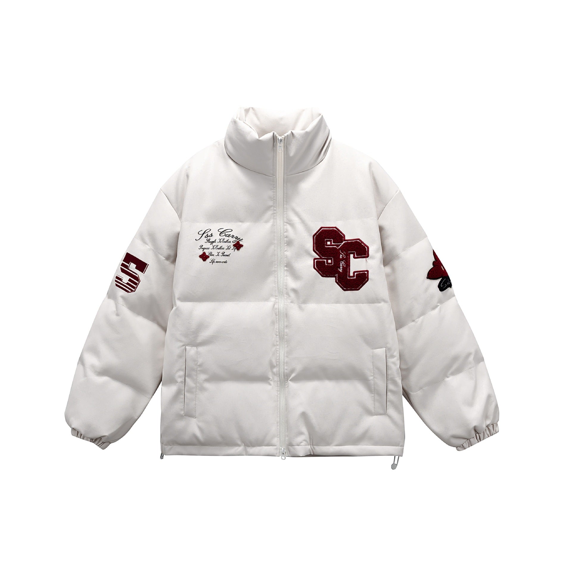 Unisex Short padded college puffer jacket with high stand-up collar, appliqués and drawstring hem Chichicherry