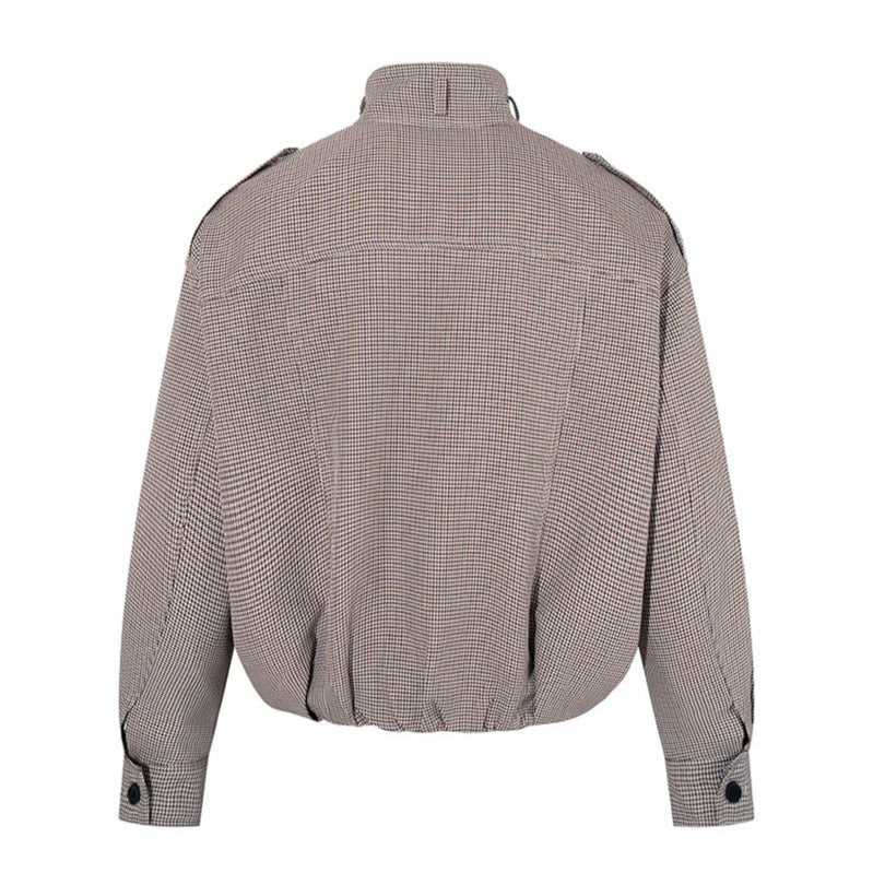 Women's Short Quilted Bomber Jacket in Houndstooth Pattern with Stand-Up Collar and Zipper Pockets Chichicherry