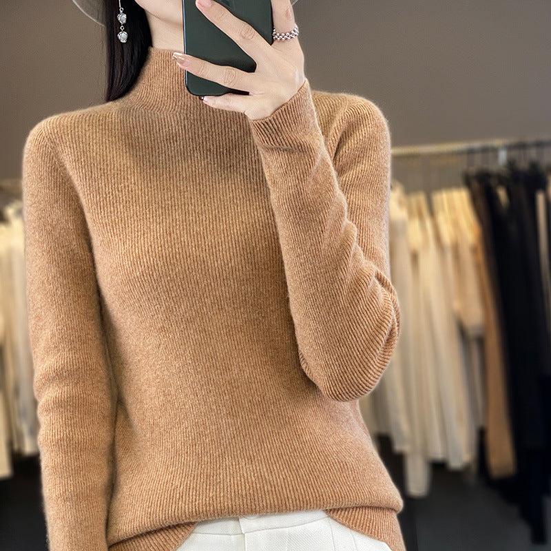 Women's Premium Fine Knitted Mock Neck Sweater with Extra Long Sleeve Cuffs and Fine Ribbed Structure Chichicherry