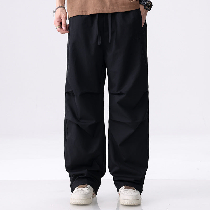 Men's Wide Cargo Pants with Drawstring, Knee Panels and Side Decorative Stripes Chichicherry