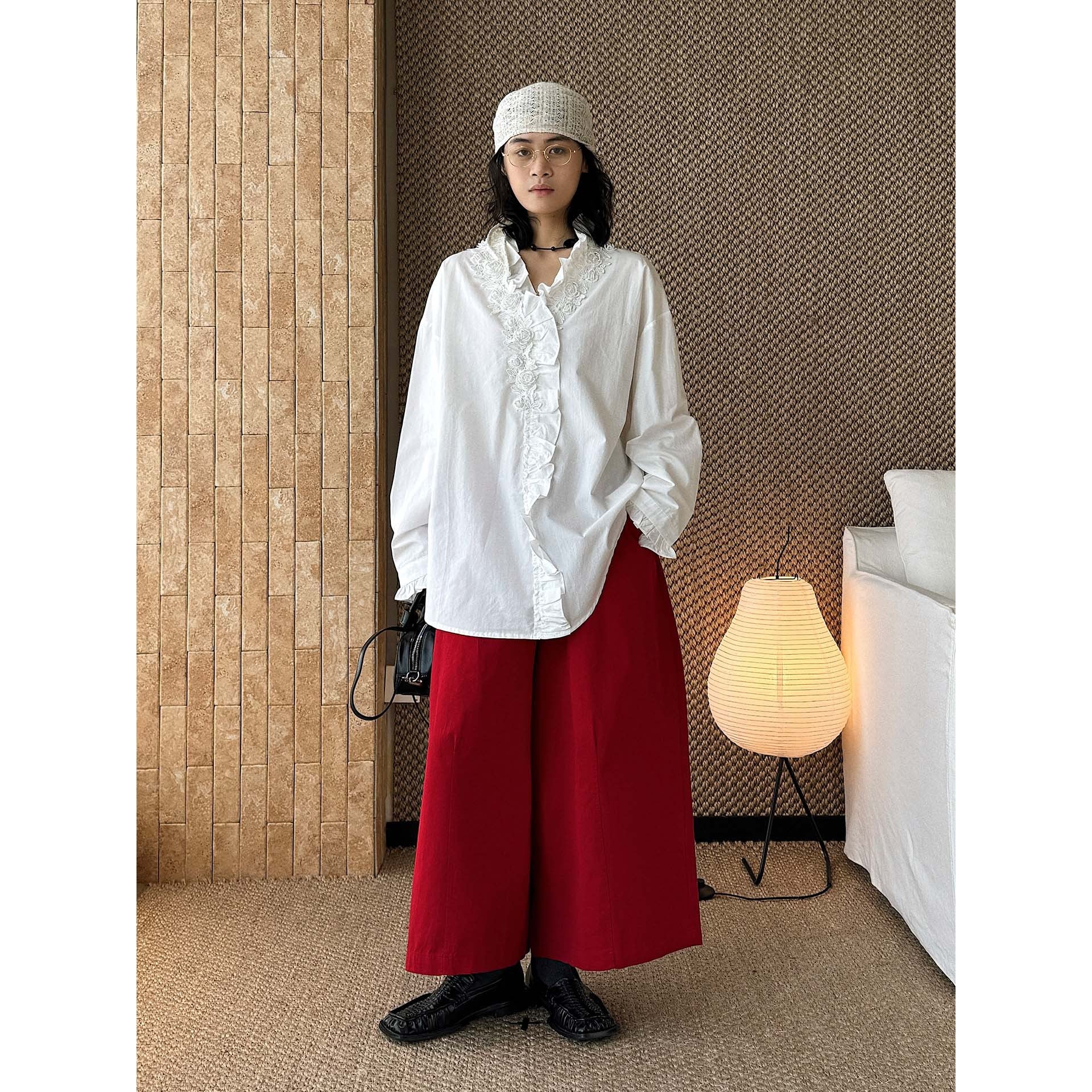 Women Oversize Blouse with Ruffle Trim and Lace Trim Chichicherry
