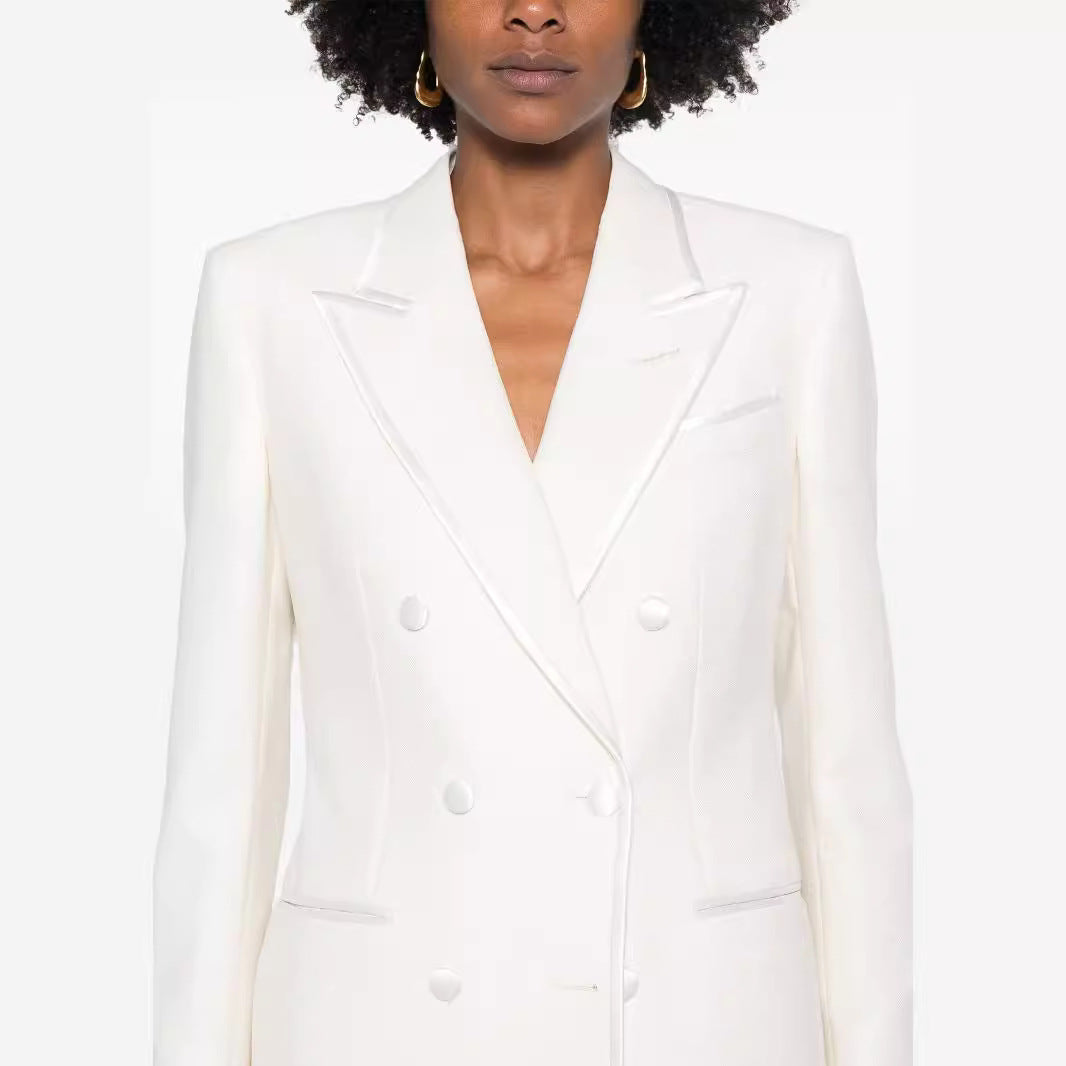 Women's Double-Breasted Long Blazer Pantsuit with Marlene Wide Leg Pants and Slim Silhouette Chichicherry