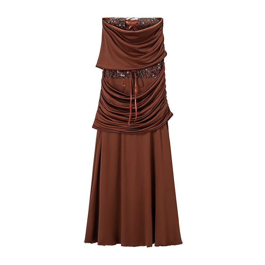 Ladies evening dress with off-the-shoulder draped top and sequin insert Chichicherry