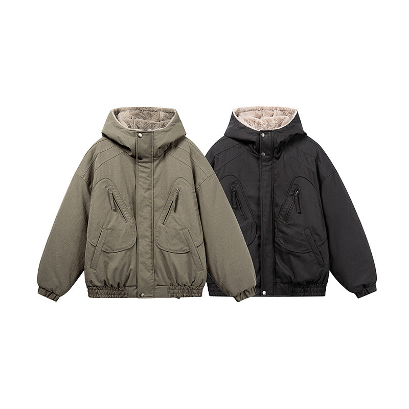 Unisex Short Cut Insulated Jacket in Boxy Cut with Teddy Inner Lining and Diagonally Inserted Zipper Pockets Chichicherry