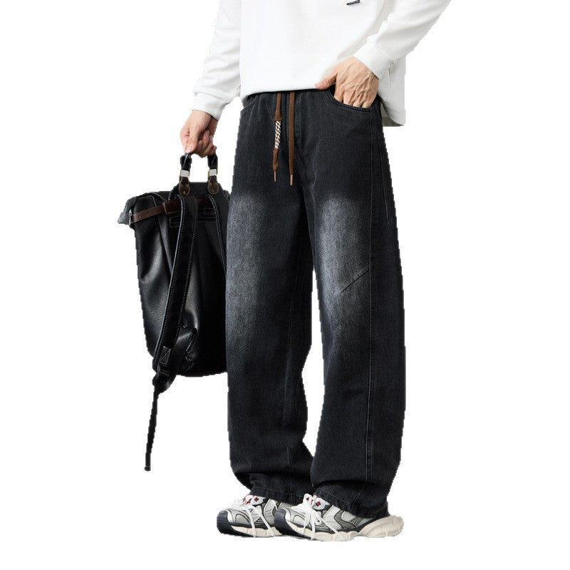 Men's Baggy Denim Pants with Drawstring and Used-Wash Details Chichicherry