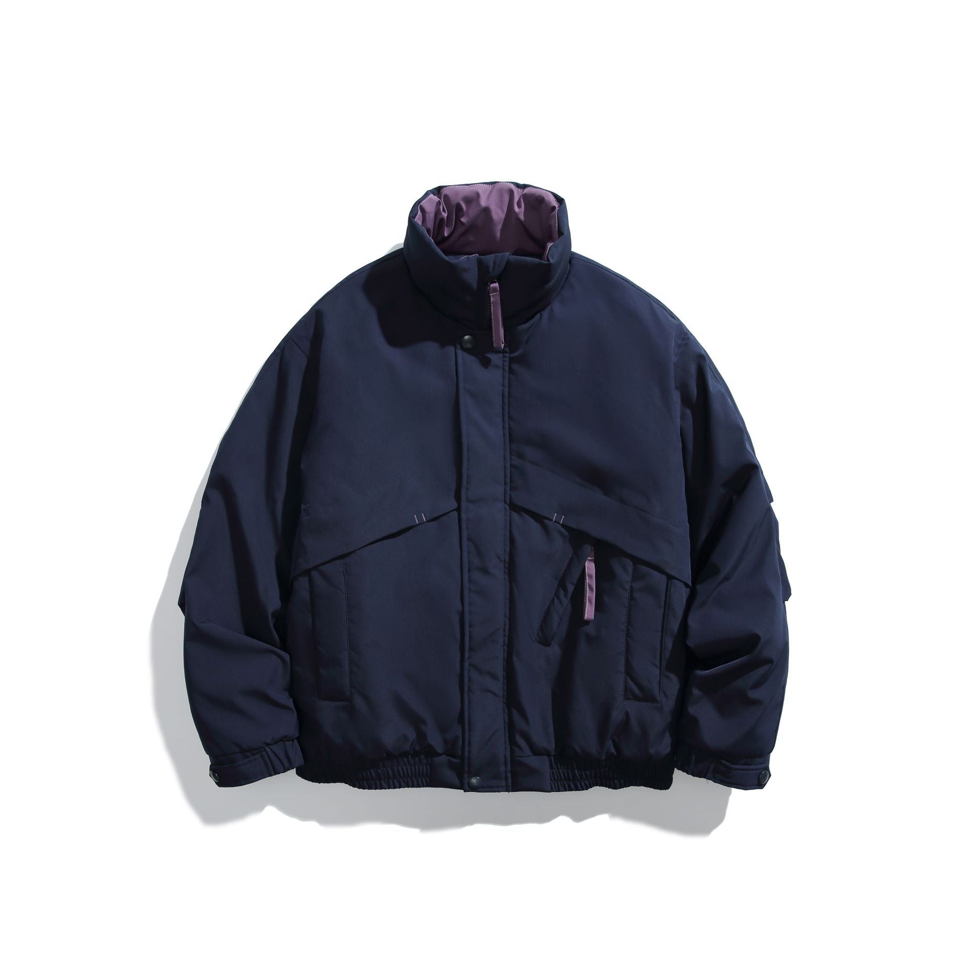 Unisex Short Cut Padded Boxy Bomber Jacket with High Stand-up Collar and Diagonal Flap Pockets Chichicherry