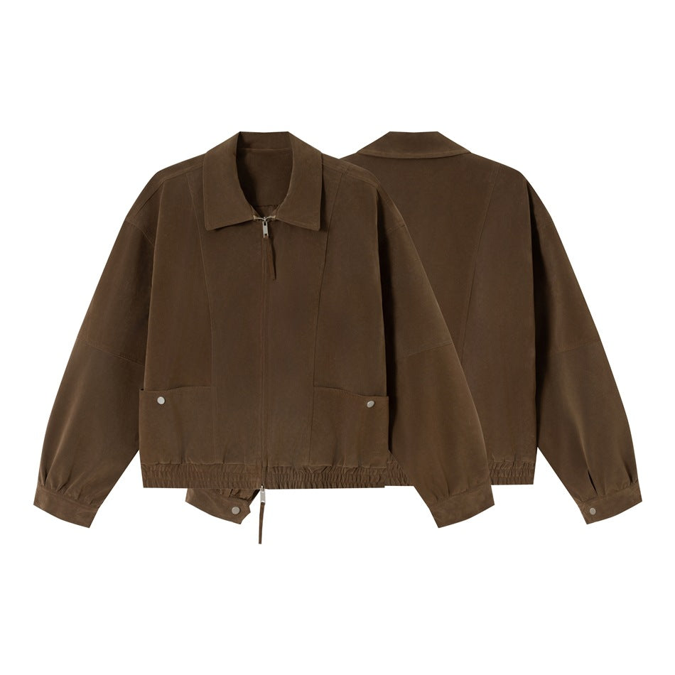 Men's Boxy Velour Blouson with Shirt Collar and Elastic Hem