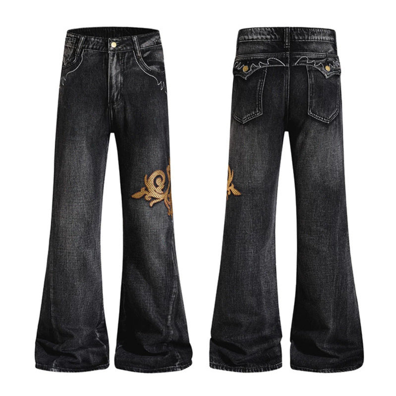 Women Wide High-Waist Flared Jeans with Baroque Embroidery Chichicherry