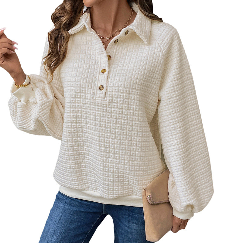 Women's Structured Waffle Knit Sweater with Polo Collar and Decorative Button Placket Chichicherry