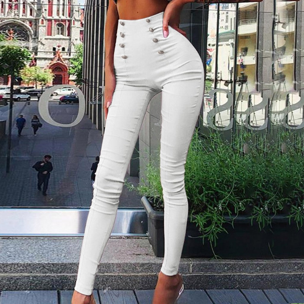 Women figure-flattering high-waist stretch skinny pants with decorative decorative buttons Chichicherry