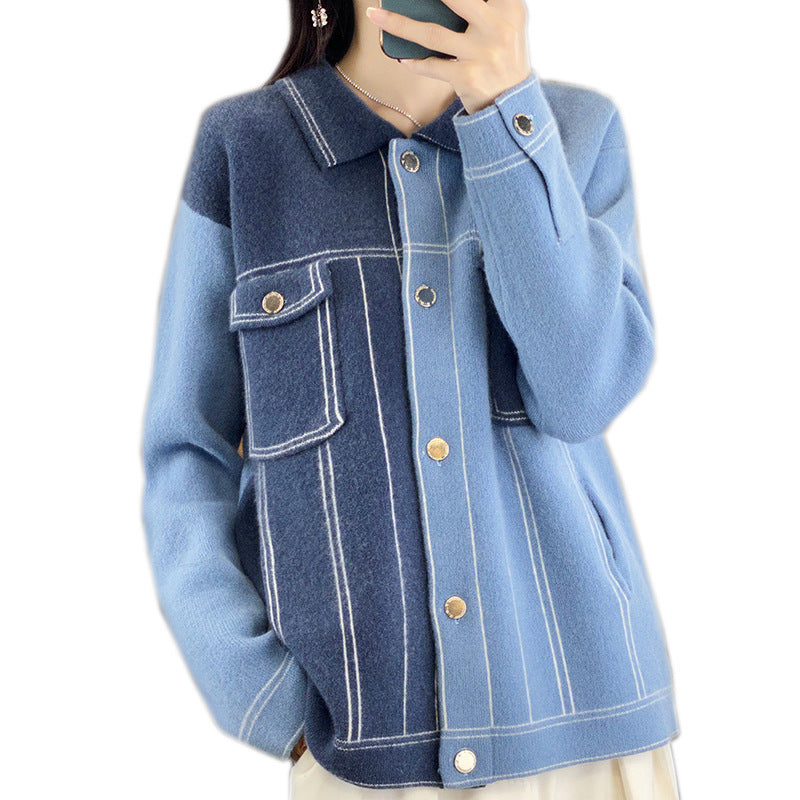 Women’s Oversized Knit Jacket in Denim Jacket Look with Contrasting Stitching Details and Chest Pocket Chichicherry