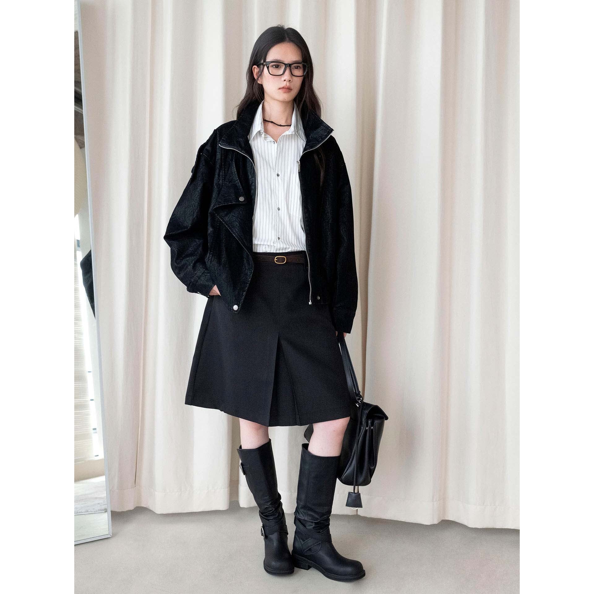 Women Knee-Length A-Line Skirt with Center Slit and Waist Pockets Chichicherry