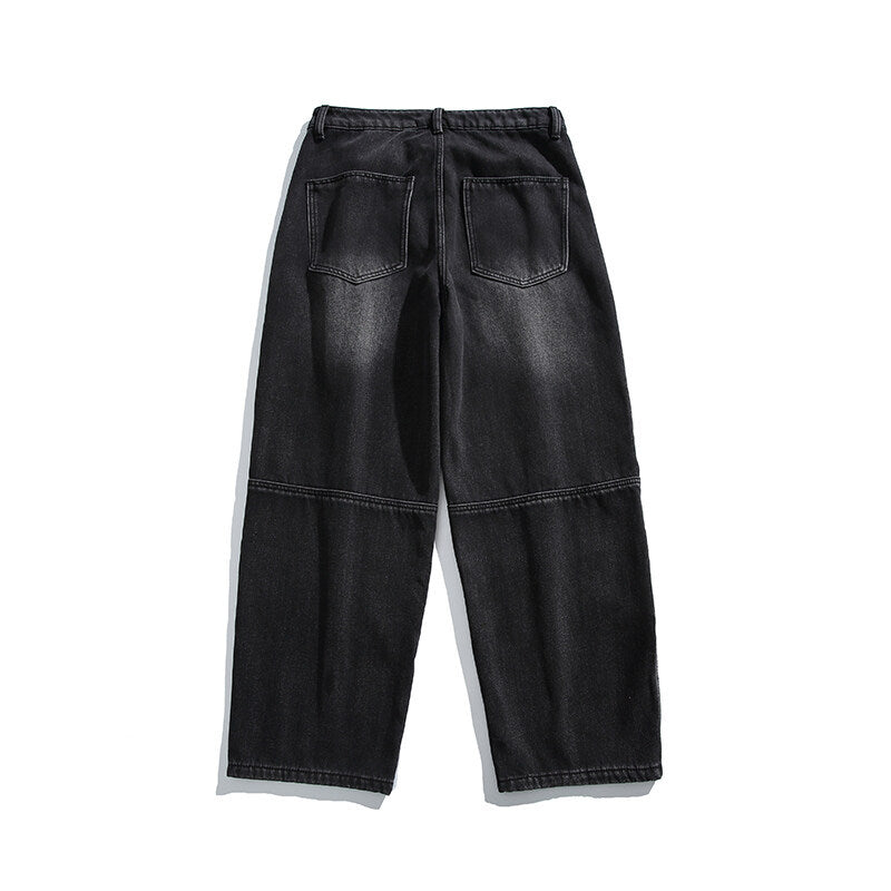 Men's Wide Vintage Denim Cargo Pants with Distinctive Seam Details and Patch Pockets Chichicherry